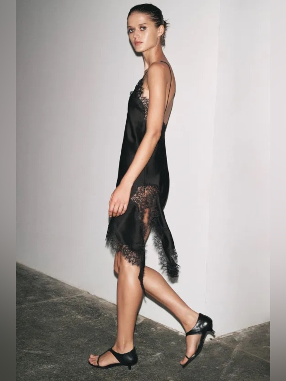 Zara ZW Collection Black Asymmetric Satin Lace Slip Dress NWOT S